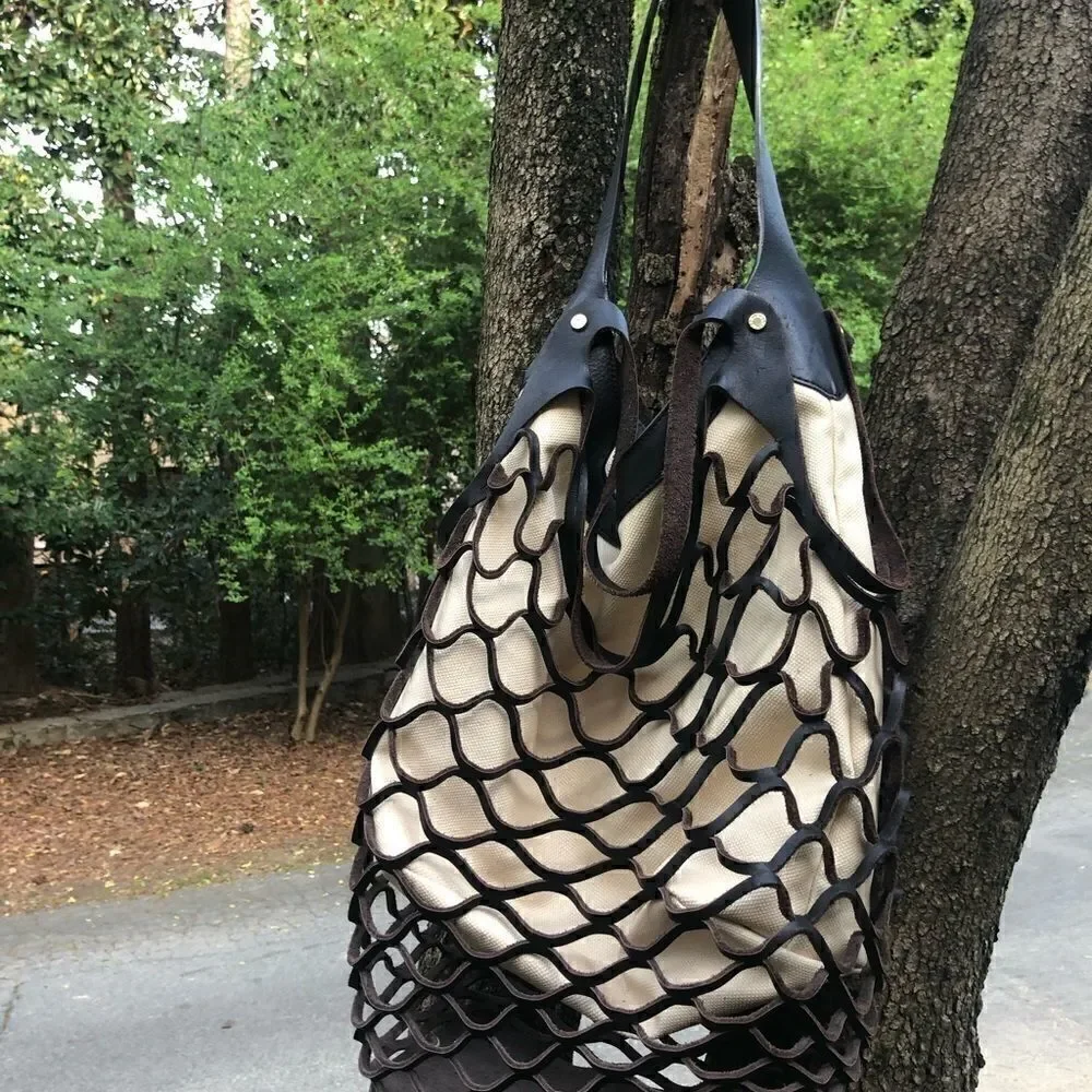 BCBG MAX AZRIA New Leather/ Linen-Fishnet Tote